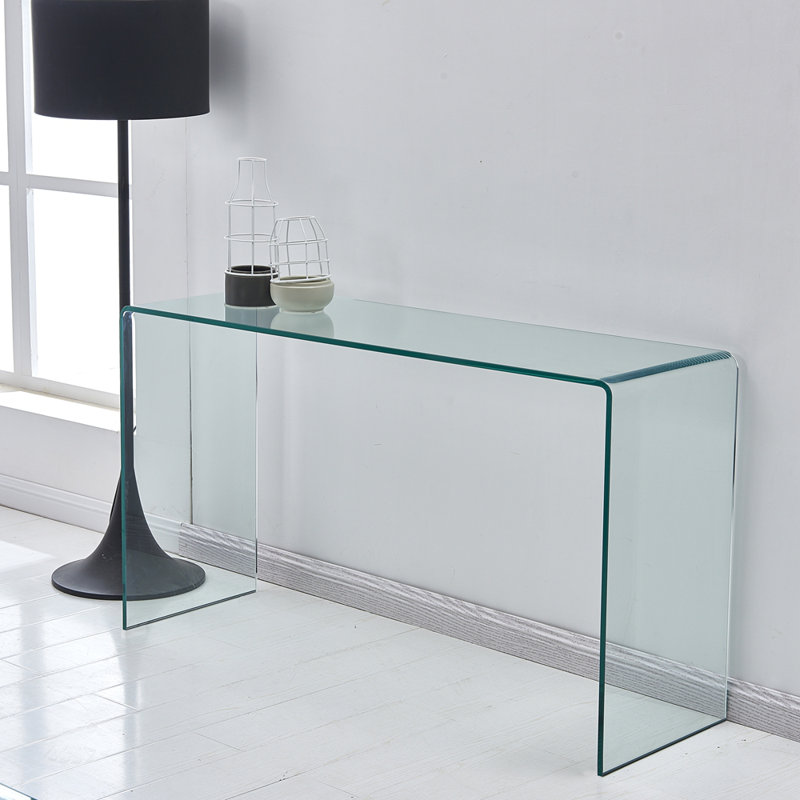Console en verre, console en verre trempé transparent avec bureaux à bords arrondis, table de canapé