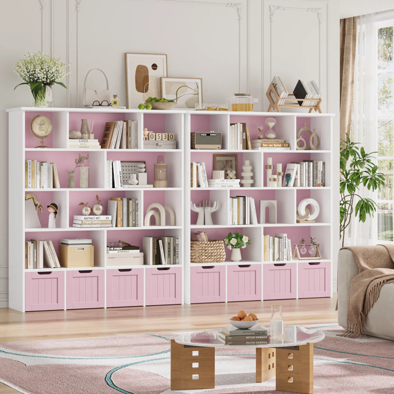 49.4" 5-Tier Cube Storage Bookcase With 4 Drawers,Standard Bookcase With Open Bookshelves, Pink