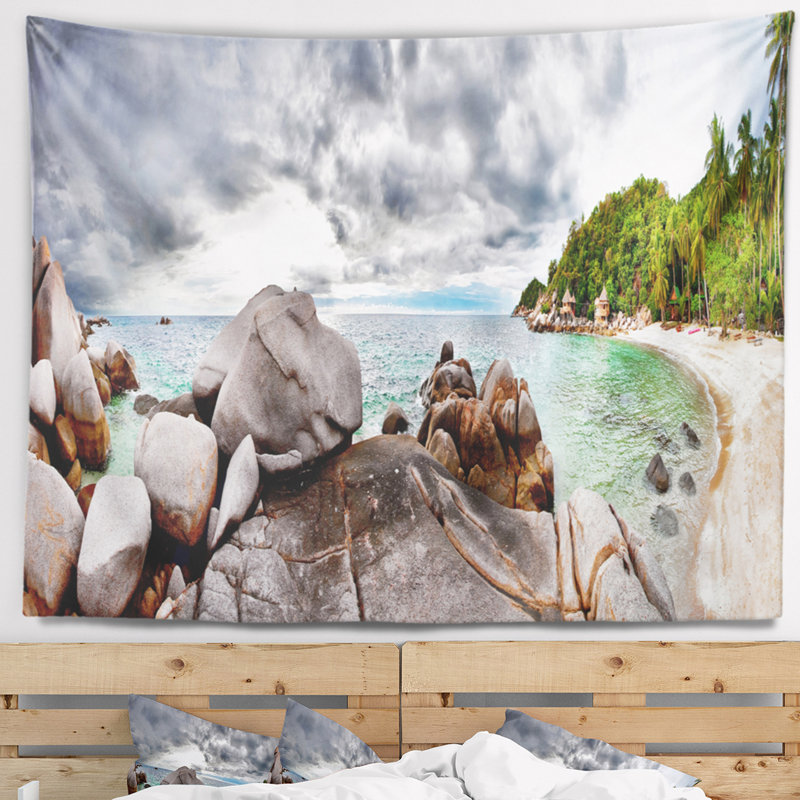 Tapisserie de plage tropicale exotique sous un ciel bleu, H 50 po x l 60 po