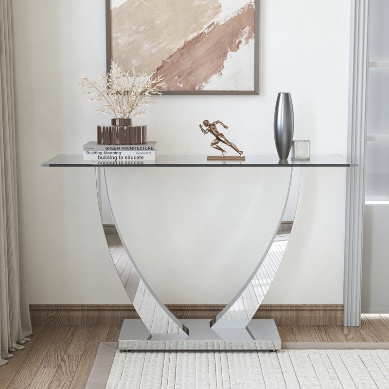47.24" Glass Top Console Table With U-shape Sleek Stainless Steel Base, Silver
