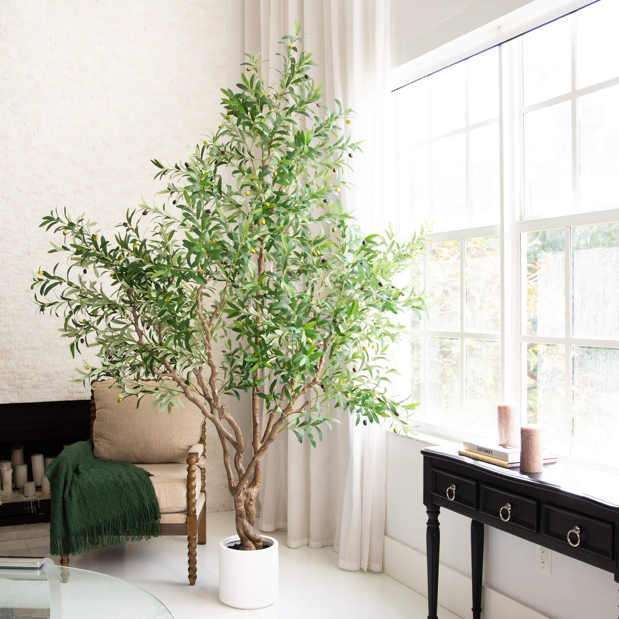 Artificial Grand Olive Tree in White Decorative Planter, 96" H x 48" W x 10" D