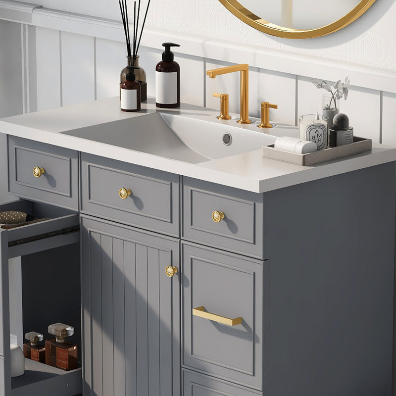 36X18" Bathroom Resin Basin, Rectangular 3 Hole White Vanity Top, Fits 4" Center Faucet, Resistance Trait Sink 36X18", Resin, White, Faucet Compatible, Impact- Surface