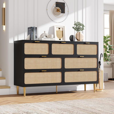 7-Drawer Rattan Bedroom Dresser, Tall Deep-Storage Chest with Wide Top, Black