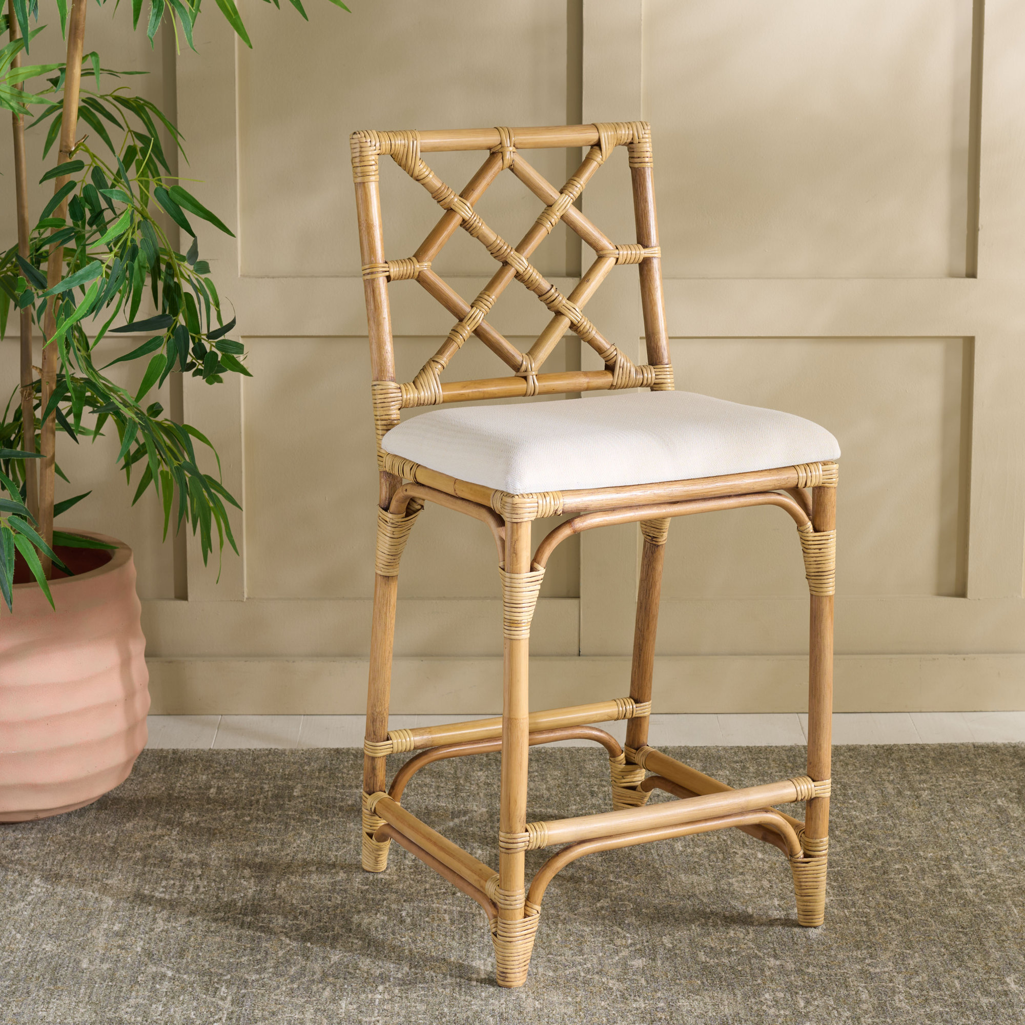 Bhumi Barstool with Cushion, Honey Brown Wash