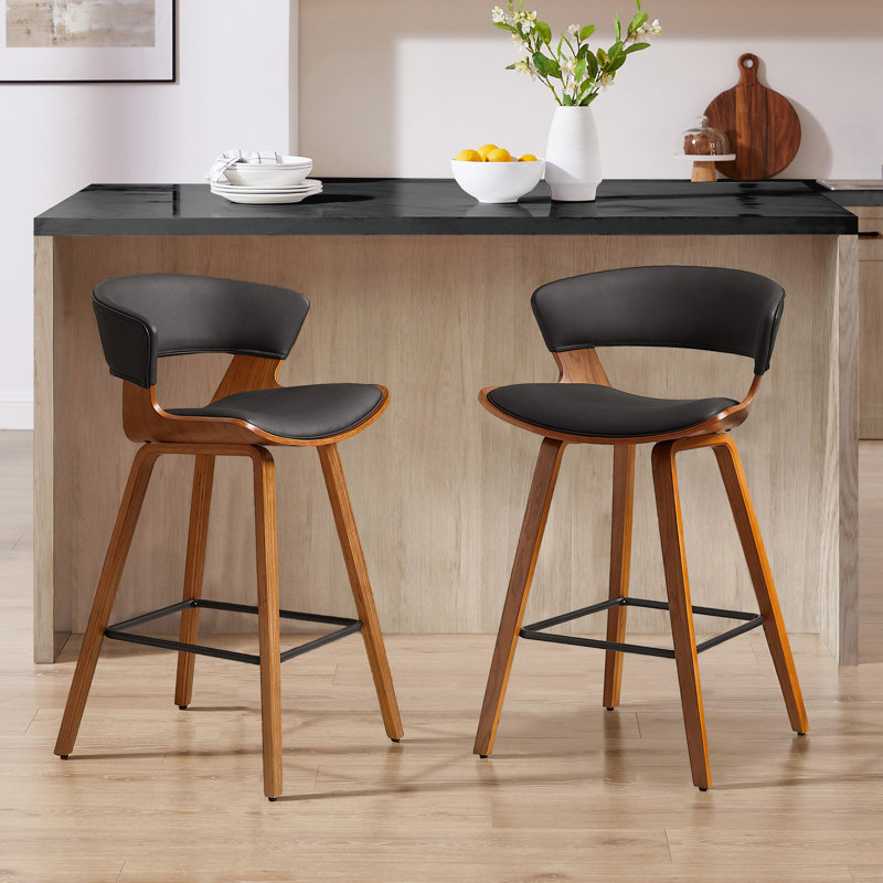 Binni PU 26.97" PU Upholstered Counter Bar Stool with Wood Frame, Black Faux Leather, Brown