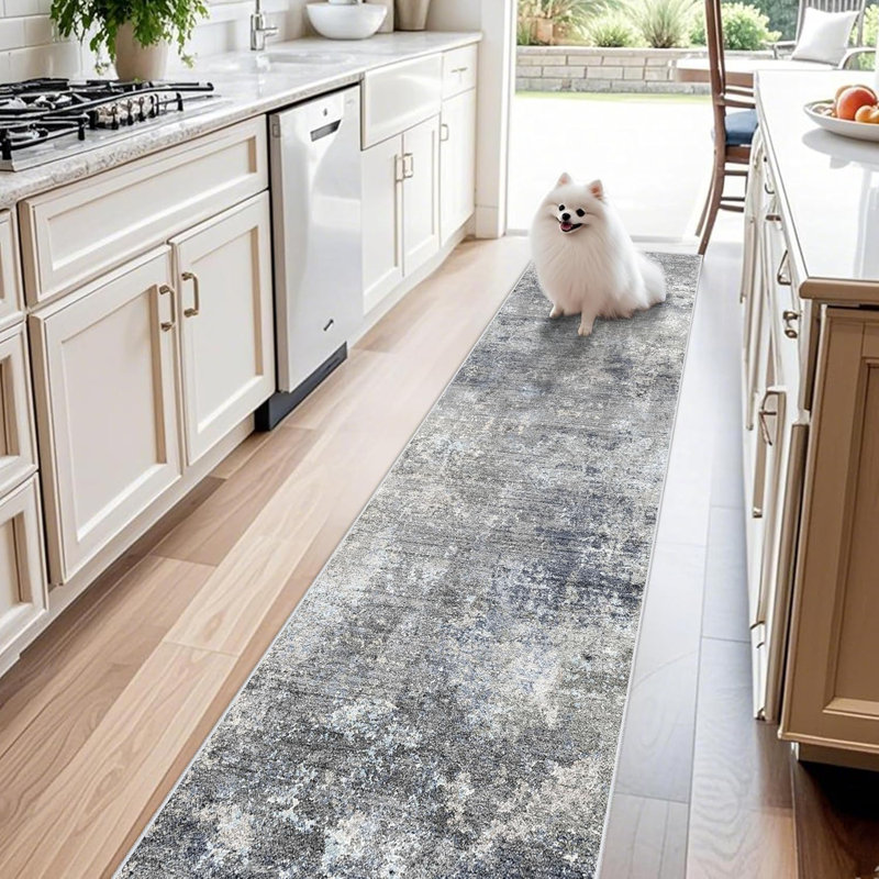 Long Hallway Rug – Non-Slip Washable Kitchen Floor Rug with Rubber Backing, Modern Low Pile Thin Wide Carpet for Bedroom, Entryway Indoor