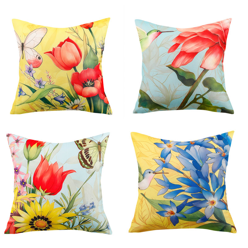 Indoor / Outdoor Floral Yellow Square Throw Pillow Cover
