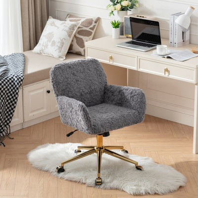Chaise de bureau, chaise de bureau en poils de lapin artificiels avec base en métal, chaise de bureau pivotante réglable, chaise de coiffeuse
