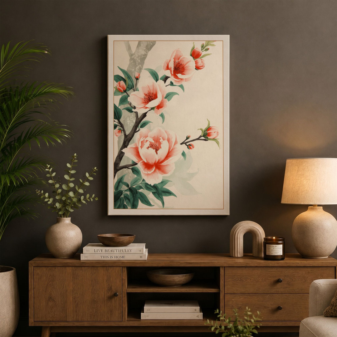 Flowering Branch in Coral Botanical - Wrapped Canvas