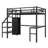 Metal Loft Bed with L-Shaped Desk, USB Charging, LED Light, Wardrobe and Adjustable Shelf, High Loft Bed Frame for Kids Teens Adults, Space Saving Study Bed, Black-1721452626