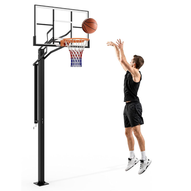 Panier de basketball encastré - panneau arrière en PC de 55 po, hauteur réglable de 7,5 à 10 pi, mât carré robuste avec rebord standard de 18 po