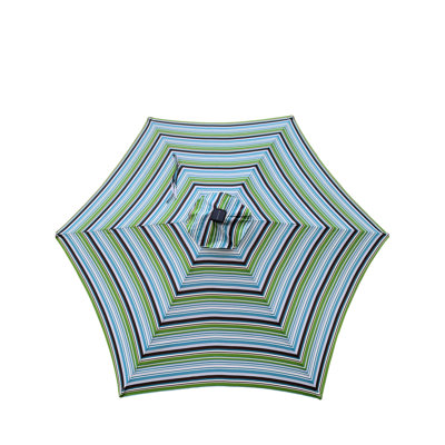 Parasol de terrasse extérieur 9 pi avec rayures bleues, 6 nervures en acier à DEL solaire, évent, manivelle, inclinaison à bouton-poussoir, 40+ Upf, lumières de jardin à rayures d'eau et météo, poteau de 1,49 po, système, 45 degrés