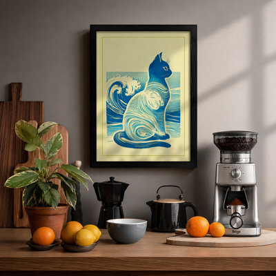 Cat And Waves Japandi - Single Picture Frame Print