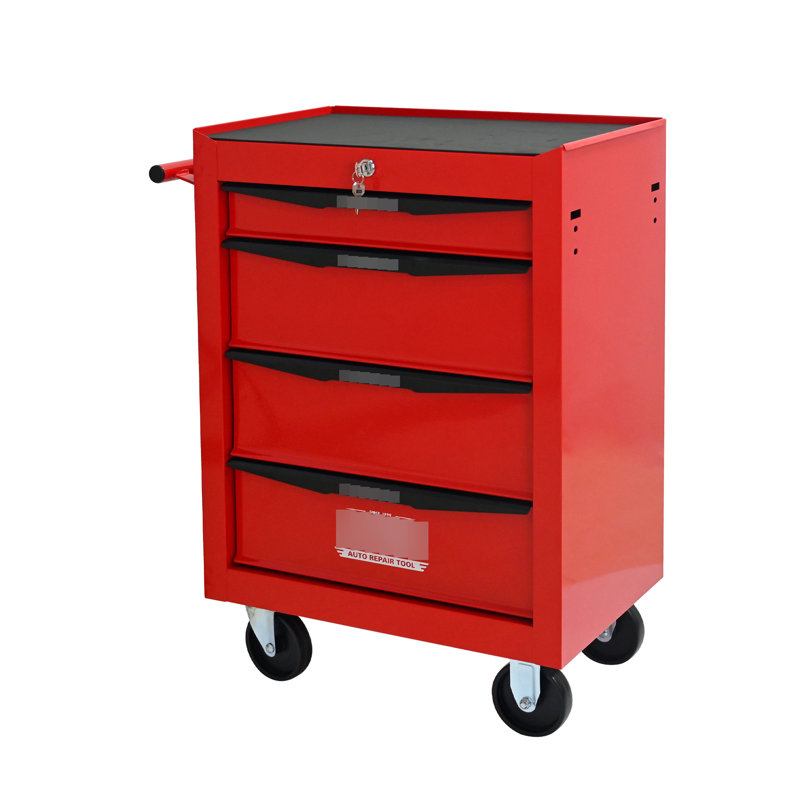 Coffre à outils 20 po à 4 tiroirs, armoire à roulettes avec roues universelles, rouge et noir, glissière à roulement pour un fonctionnement en douceur, tiroirs en acier, poignée sur un côté, frein de 4 po