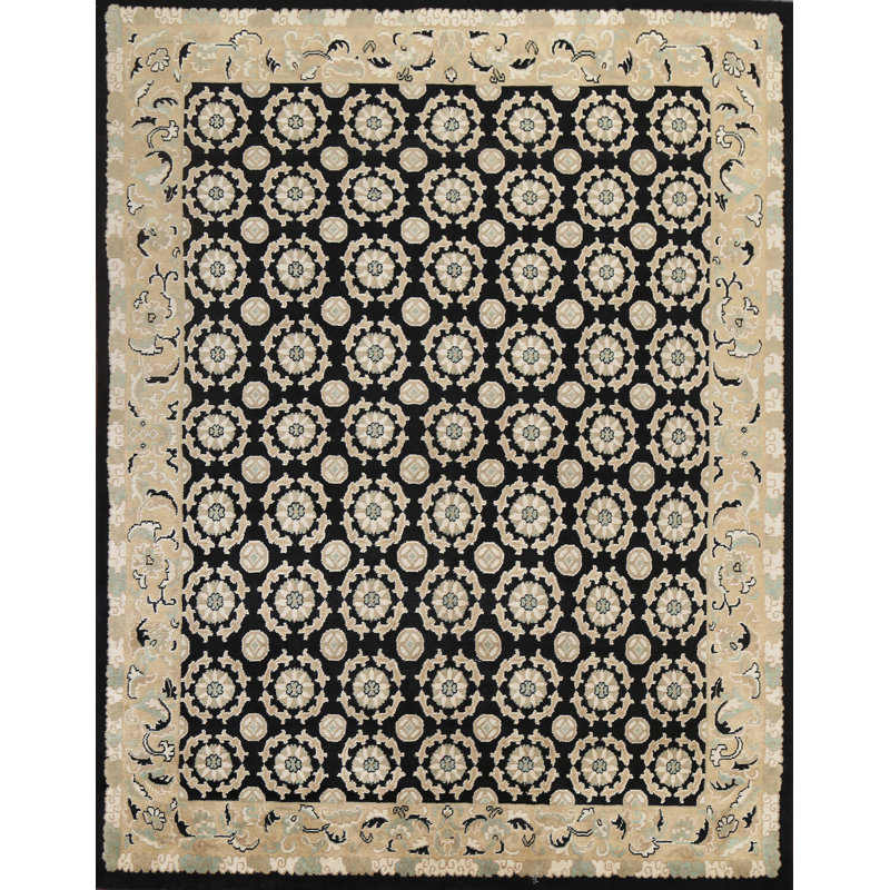Tapis népalais oriental végétal noué à la main noir / doré 7 pi 10 po x 9 pi 11 po