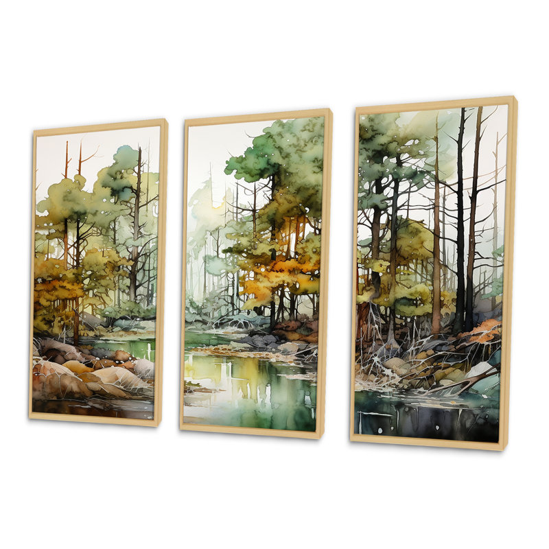 Encre alcoolisée «Forest Landscape», ensemble d'art mural forêt, H 40 po x l 60 po x P 1 po, Cadre naturel flottant