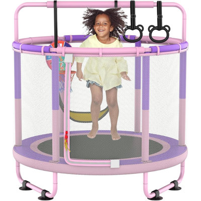 LANGXUN 5ft Toddler Mini 6-in-1 Trampoline (60"), Indoor Outdoor Kids Trampoline with Swing, Basketball Hoop, Dart Board and Rings, Perfect Birthday &