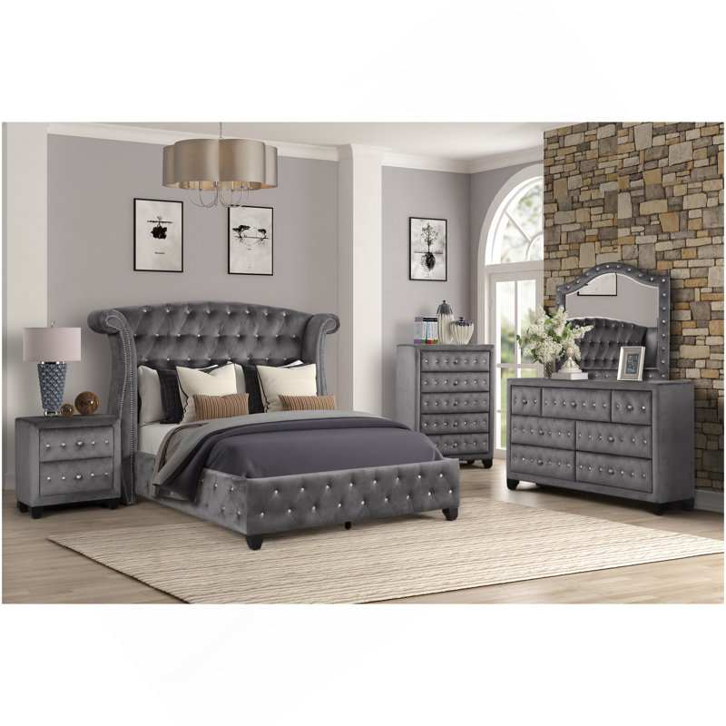Ensemble de chambre à coucher pour grand lit 5 pièces en bois gris, Grand lit
