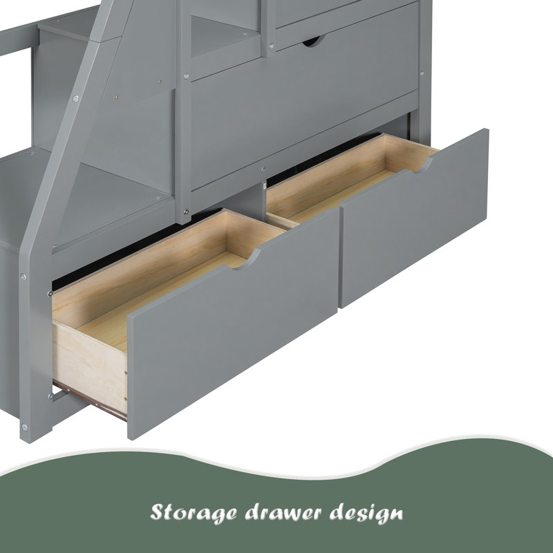 Full Size Loft Bed With 7 Drawers 2 Shelves And Desk, Gray