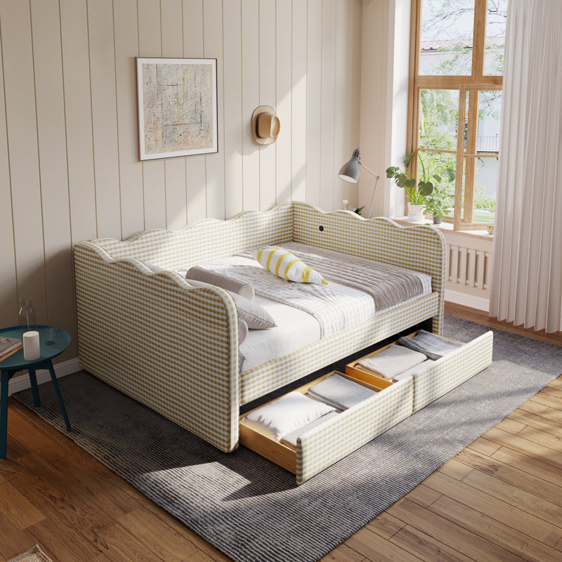 Lit de jour Gingham avec 2 tiroirs de rangement et port USB, forme ondulée, Grand lit, Brun