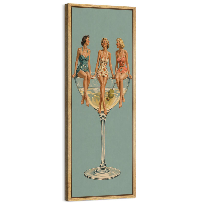 «Vintage Summer Cocktail With Women On Glass», œuvre d'art rétro moderne sur toile encadrée, 60" H x 20" W x 1.5" D, Natural