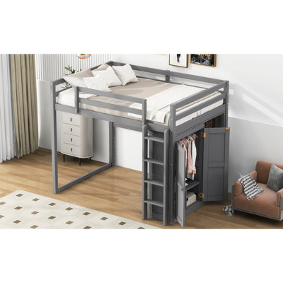 Full Size Loft Bed In Gray With Built-In Wardrobe, Storage & Led Spotlighting Shelf Illumination