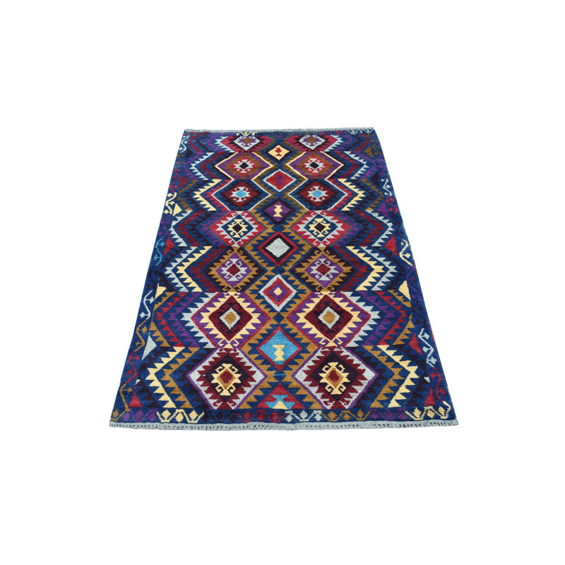 Tapis en laine bleu/rouge 3 pi 8 po x 5 pi 7 po one-of-kind à la main noué la