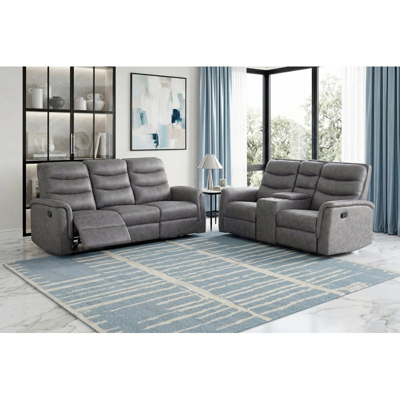 Canapé inclinable deux places en tissu gris avec console de rangement, porte-gobelets, assise confortable rembourrée en mousse, structure en contreplaqué, meuble de salon (1 pièce)