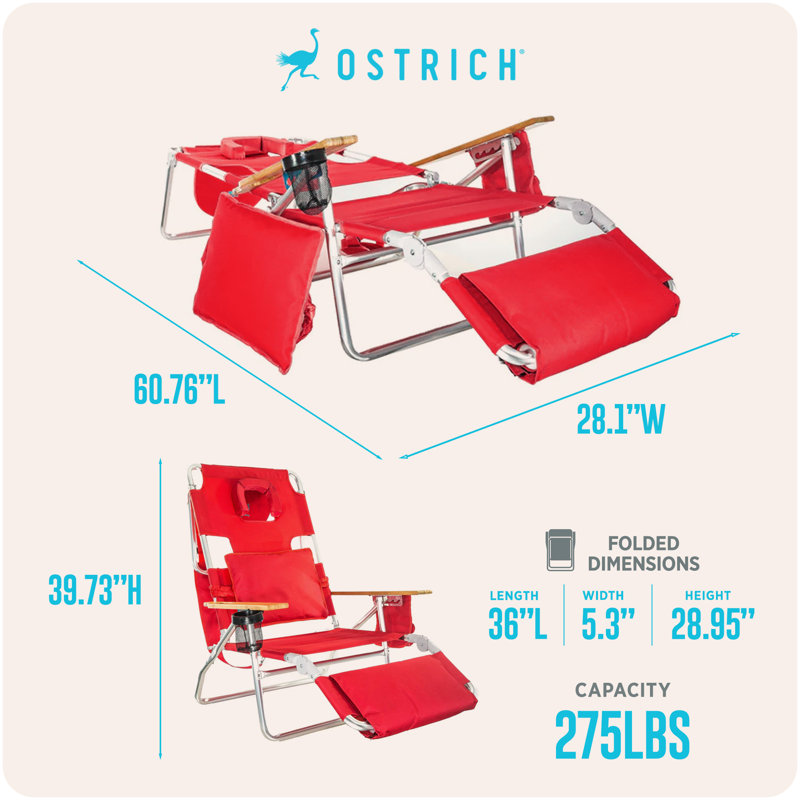 Chaise longue de plage légère Ostrich The Deluxe 3N1 avec repose-pieds, rouge, Rouge