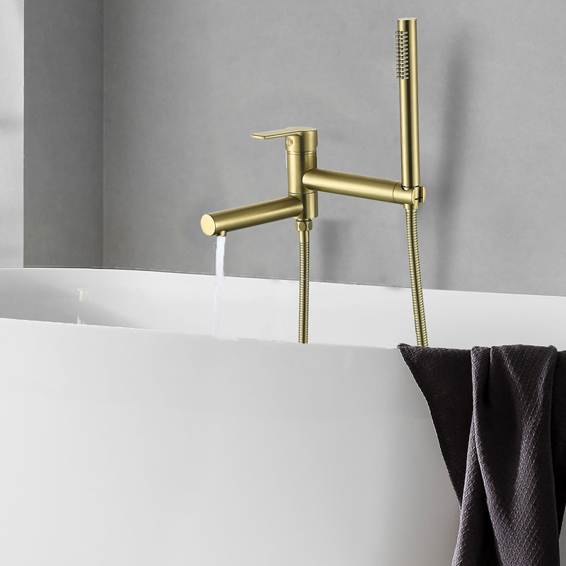 Wall-Mounted 2-Function Bathtub Faucet With Hand Shower And Rotatable Spout, Brushed Gold