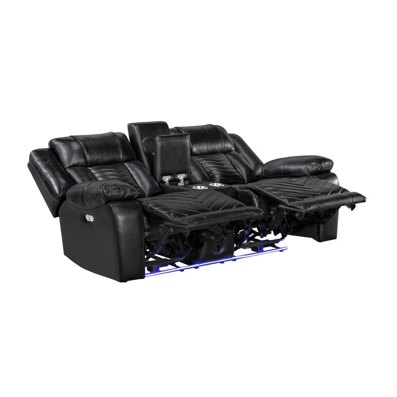 Black Power Reclining Loveseat with Console, LED Lights, and Speakers - Premium Faux Leather