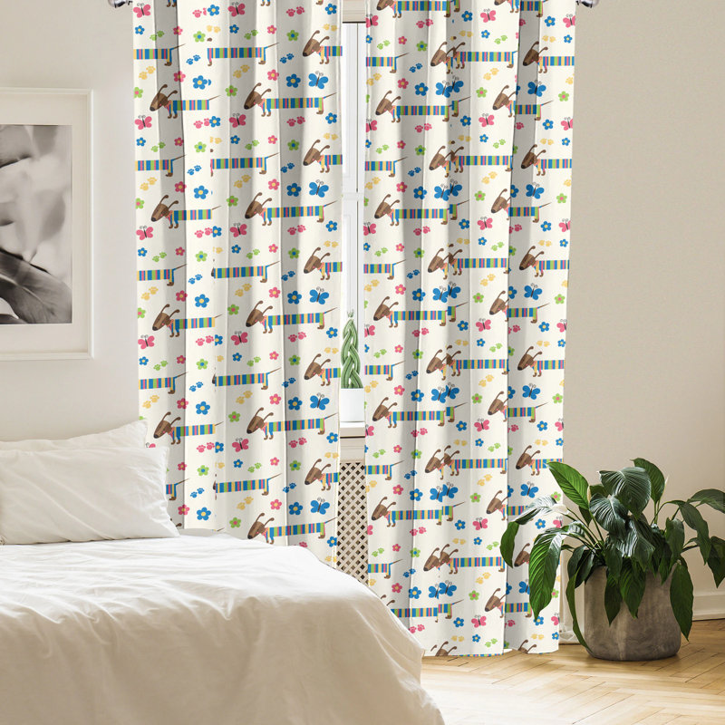 Dog Lover Window Curtains, Wiener Dog Cartoon Dachshund Puppy with Striped Pajamas Flowers and Butterflies, Lightweight Decorative Panels Multicolor Semi-Sheer Rod Pocket Sliding Panel (Set of 2)