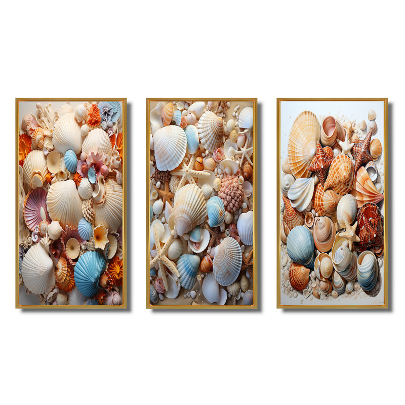 «Beach Photo Seashell Collage I», 3 pièces sur toile, Encadrement doré, H 20 po x l 36 po