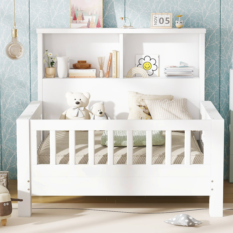 Lit plateforme simple avec tête de lit escamotable, conception escamotable, rails de sécurité de haute qualité, blanc, Blanc