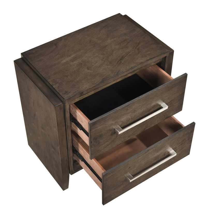 Two Drawers Solid Rubberwood Bedroom Nightstand With Dark Walnut Finish, Transitional Style, 24.5" Height No Assembly Required