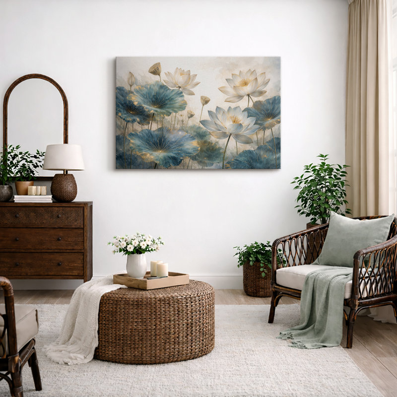 Art de fleurs de lotus, images de jardin d'eau, art mural impression sur toile encadrée, H 12 po x l 18 po x P 1,5 po
