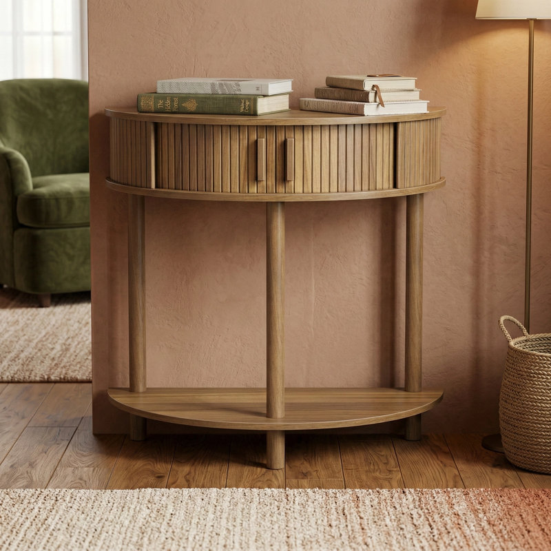 Grooved Half-Moon Console Table, Farmhouse Sofa Table Behind Couch, Modern Entryway Table with Storage, Narrow Foyer Table for Hallway, Living Room, Entryway, Walnut