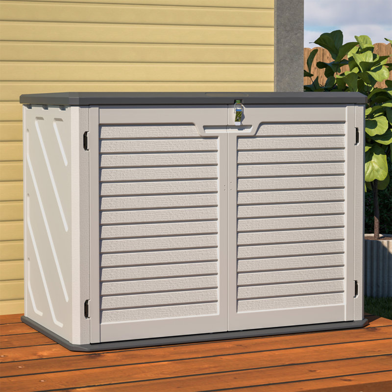 Remise de rangement horizontale avec tablette amovible, grande armoire de rangement extérieure verrouillable, unité de rangement en plastique PEHD résistant aux intempéries pour la cour, le patio, le jardin - 28 pieds cubes, blanc ivoire