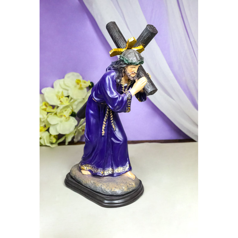 Via Dolorosa Jesus Christ in Purple Robe Carrying Cross Calvary Figurine 12" H