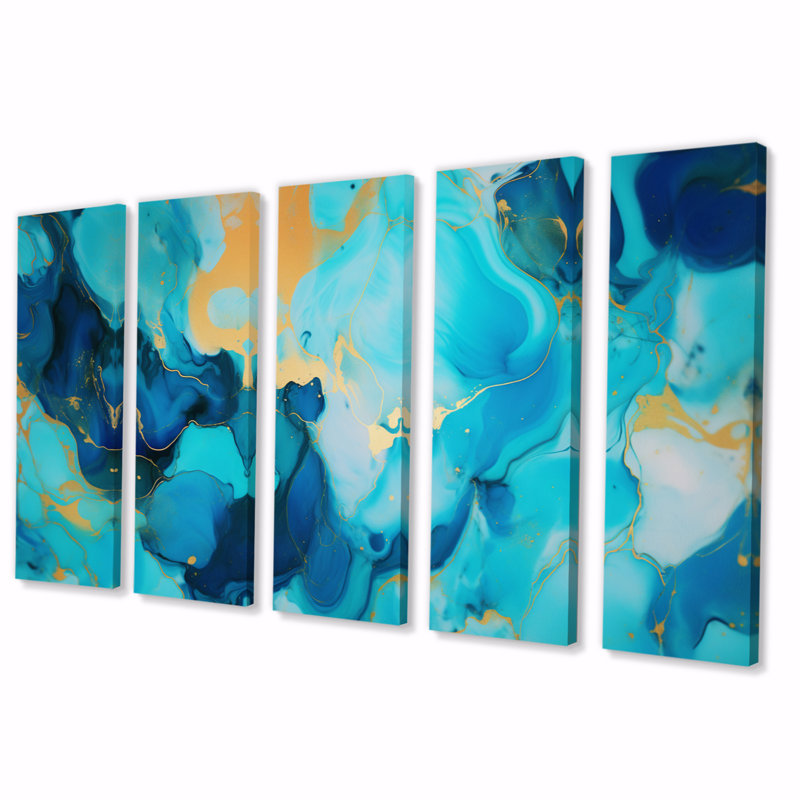 Turquoise, luxe, abstrait, fluide, art III - art mural abstrait, salon - 5 panneaux égaux