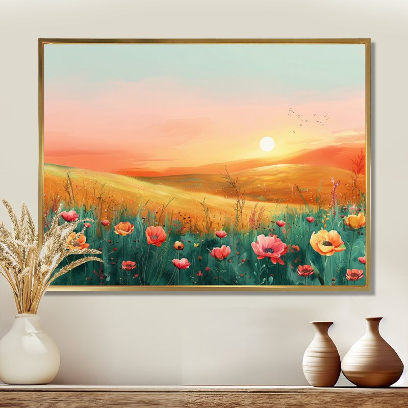 Flower Meadows At Sunset I - Décoration murale fleurs, H 34 po x l 44 po x P 1,5 po, Cadre flottant doré