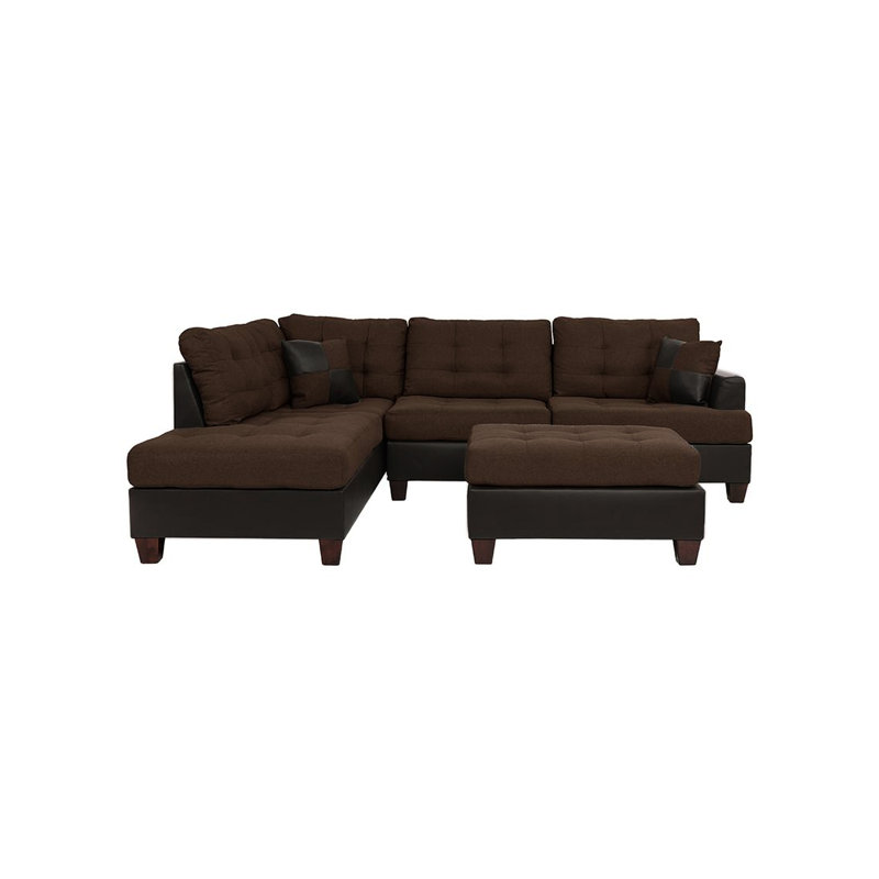 Canapé modulaire rembourré en similicuir avec méridienne réversible en bois brun foncé et chocolat