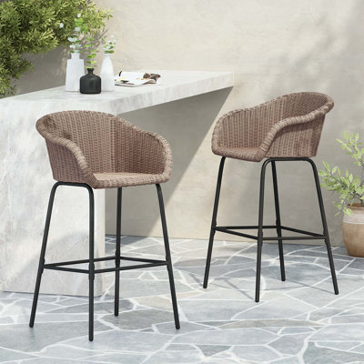 Tabouret de bar d'extérieur en métal tressé, imitation osier brun clair, lot de 2, design tout-en-un pour une élégance moderne et une grande durabilité