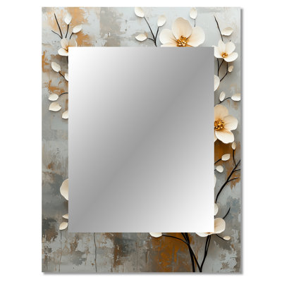 White Beige Botanical Impressions I - Cherry Blossom Unique Wall Mirror Decor, Traditional Large Mirror, Printed Metal Art