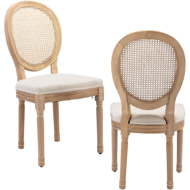 French Country Style 37.7-inch-High Dining Chairs, Set of 2; Rattan Oval-Back Chairs, Solid Wood Dining Chairs, 2, Beige