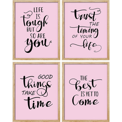 " Life Is Tough Pink Inspirational Motivational Set Of 4 Word Art Preppy Wall Decor Framed Prints " 4 - Pieces