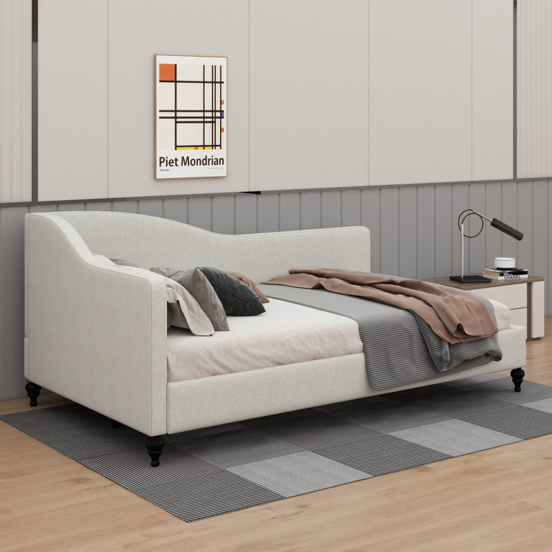 Chic L-Shaped Linen Daybed On Solid Wood Legs, Beige, Full