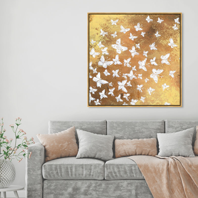 Animaux, papillons dorés dans le vent, insectes - peinture sur toile, H 12 po x l 12 po, Cadre flottant doré