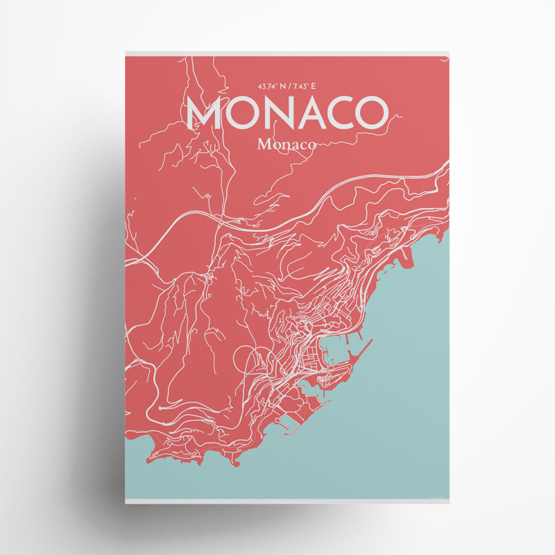 Monaco City Map In Maritime - No Frame Print, 27.6cm H x 19.7cm W x 0.05cm D