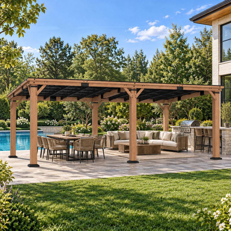 Gazebo de 6 m x 3,6 m en bois de cèdre avec toit rigide en acier galvanisé, pavillon extérieur robuste pour terrasse, jardin et piscine.